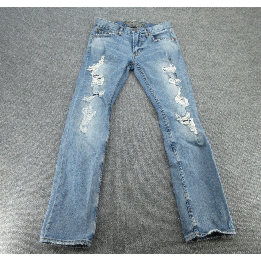 American Eagle Mens Jeans Slim Straight Blue Distressed Ripped 30x34